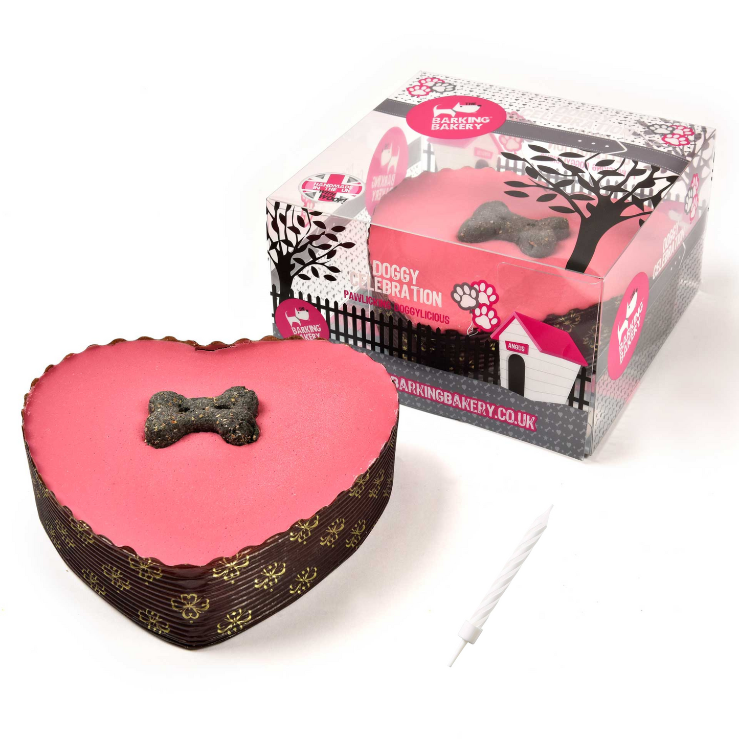 Pink Heart Yoghurt Topped Pawty Cake with candle
